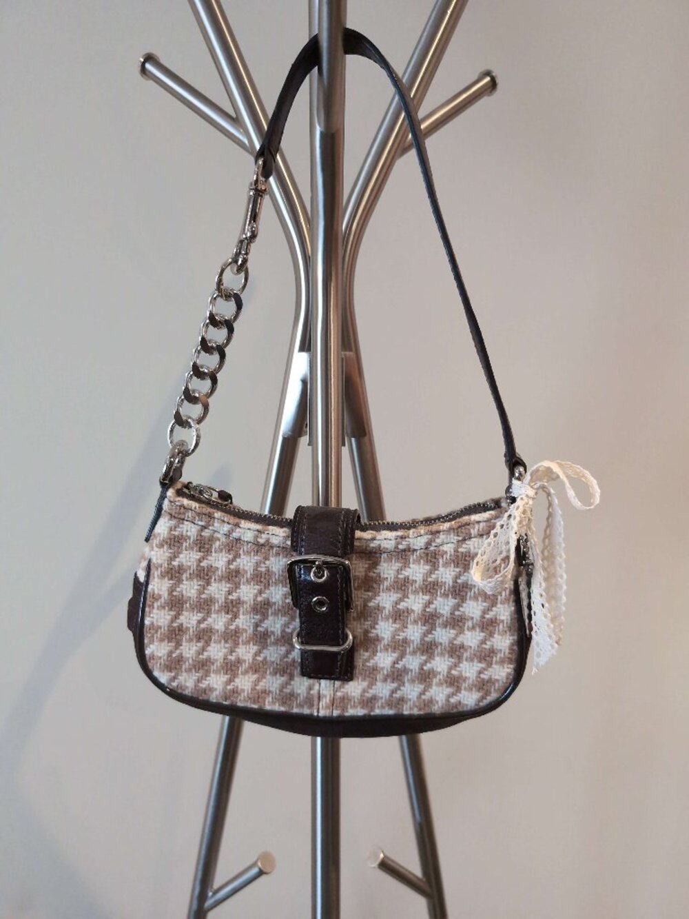 Vintage Coach Wool Leather Brown Houndstooth Buckle Demi Shoulder Bag 8J96